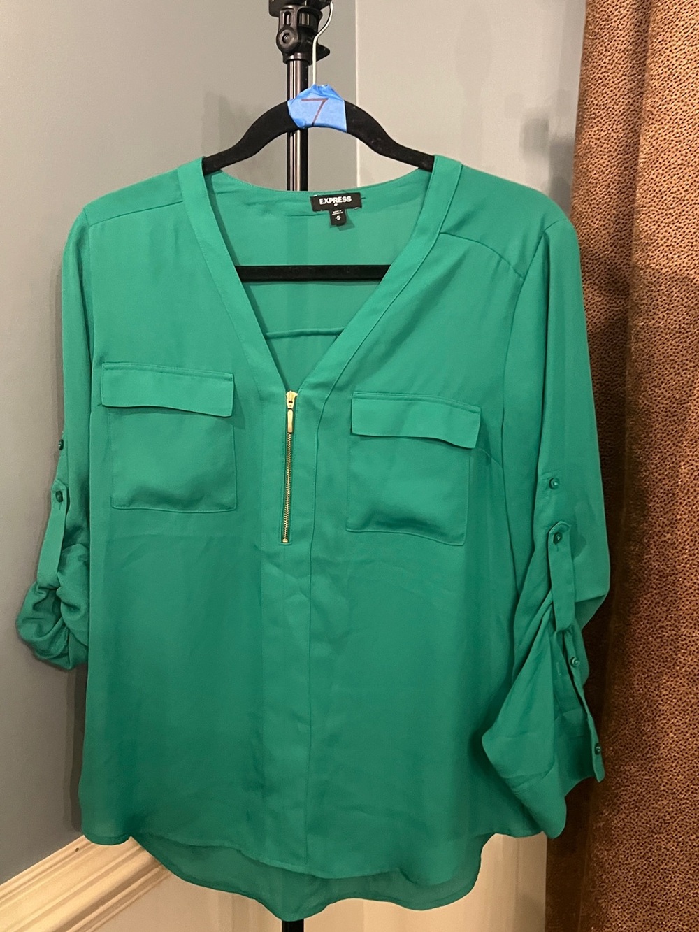 Express Women’s Emerald Green Zip V-Neck Blouse